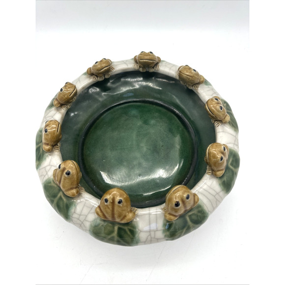 Vintage Majolica 10 Frog Lily Pad Planter Bowl